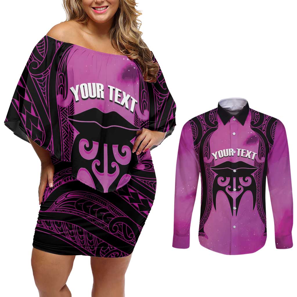 Personalised Moko Kauae New Zealand Couples Matching Off Shoulder Short Dress and Long Sleeve Button Shirt Maori Chin Tattoo Pink - Polynesian Pride