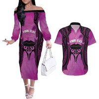 Personalised Moko Kauae New Zealand Couples Matching Off The Shoulder Long Sleeve Dress and Hawaiian Shirt Maori Chin Tattoo Pink - Polynesian Pride