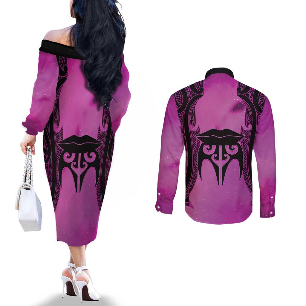 Personalised Moko Kauae New Zealand Couples Matching Off The Shoulder Long Sleeve Dress and Long Sleeve Button Shirt Maori Chin Tattoo Pink LT14 - Polynesian Pride