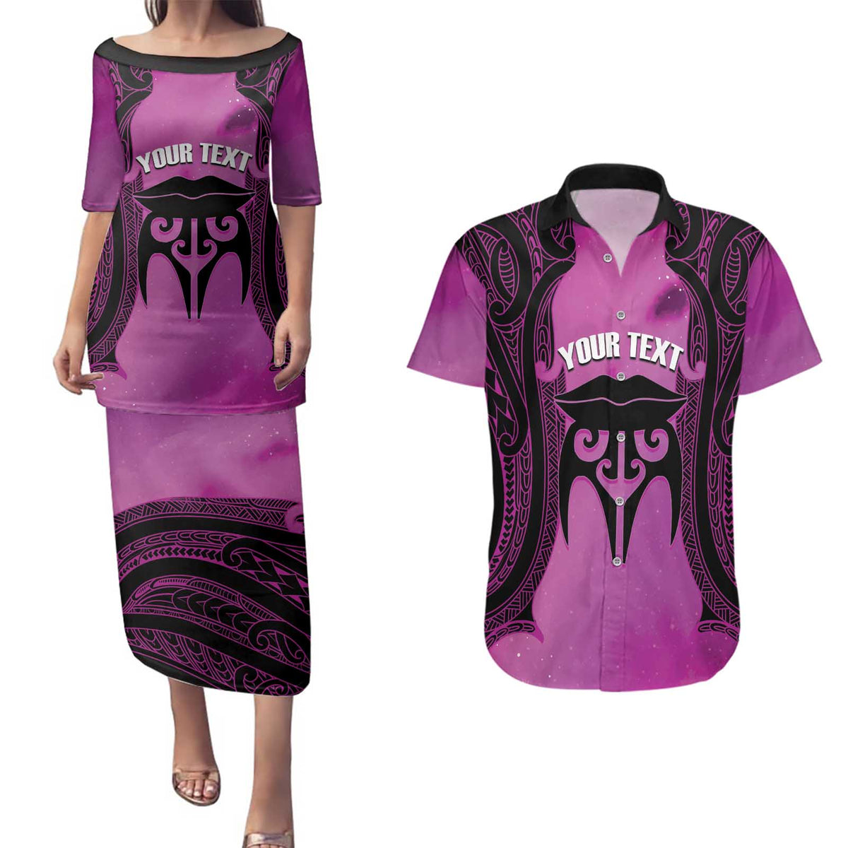 Personalised Moko Kauae New Zealand Couples Matching Puletasi and Hawaiian Shirt Maori Chin Tattoo Pink LT14 Pink - Polynesian Pride