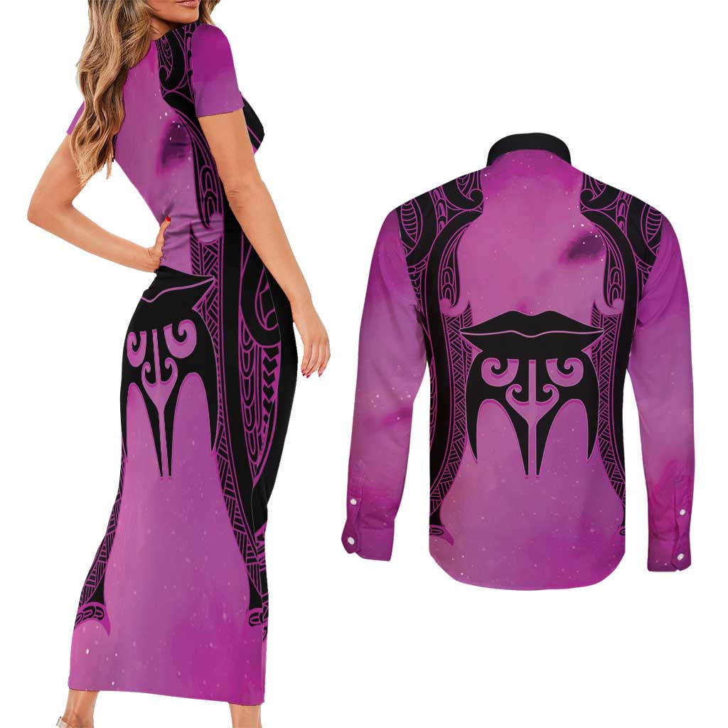 Personalised Moko Kauae New Zealand Couples Matching Short Sleeve Bodycon Dress and Long Sleeve Button Shirt Maori Chin Tattoo Pink LT14 - Polynesian Pride
