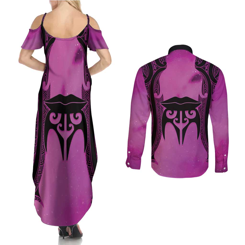 Personalised Moko Kauae New Zealand Couples Matching Summer Maxi Dress and Long Sleeve Button Shirt Maori Chin Tattoo Pink LT14 - Polynesian Pride