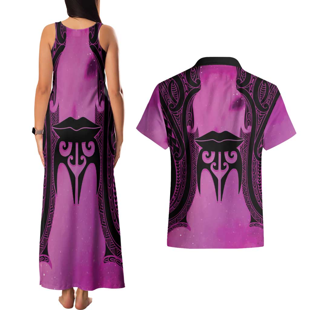 Personalised Moko Kauae New Zealand Couples Matching Tank Maxi Dress and Hawaiian Shirt Maori Chin Tattoo Pink LT14 - Polynesian Pride