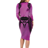 Personalised Moko Kauae New Zealand Family Matching Long Sleeve Bodycon Dress and Hawaiian Shirt Maori Chin Tattoo Pink LT14 - Polynesian Pride