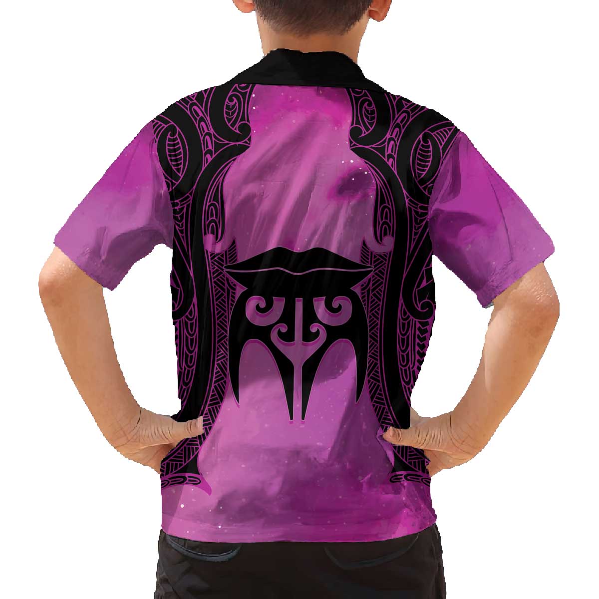 Personalised Moko Kauae New Zealand Family Matching Off The Shoulder Long Sleeve Dress and Hawaiian Shirt Maori Chin Tattoo Pink - Polynesian Pride