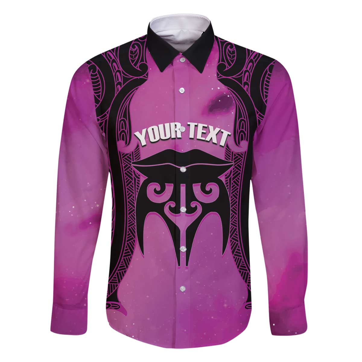 Personalised Moko Kauae New Zealand Family Matching Off The Shoulder Long Sleeve Dress and Hawaiian Shirt Maori Chin Tattoo Pink - Polynesian Pride