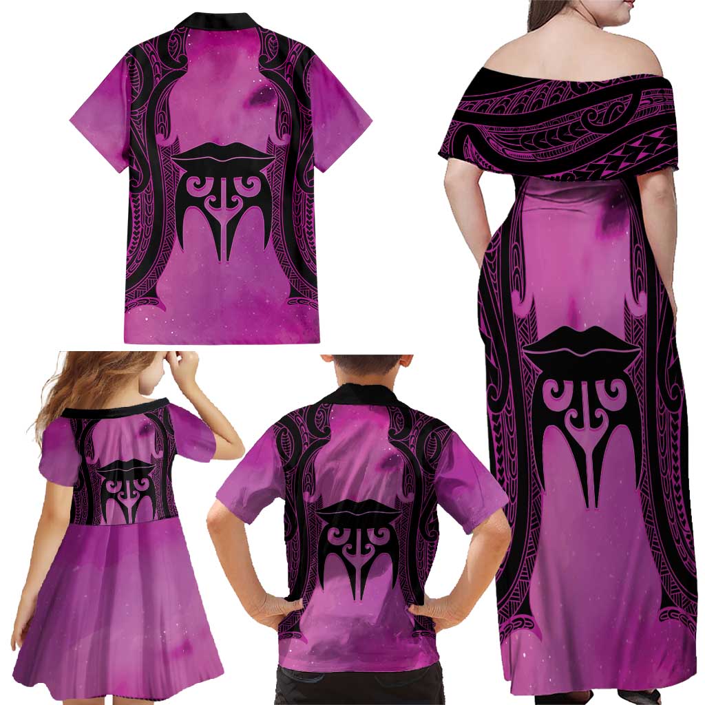 Personalised Moko Kauae New Zealand Family Matching Off Shoulder Maxi Dress and Hawaiian Shirt Maori Chin Tattoo Pink - Polynesian Pride