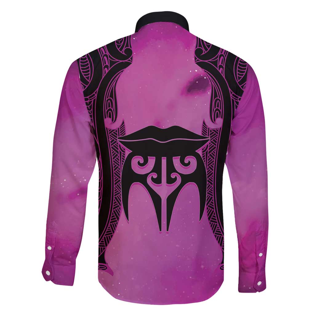 Personalised Moko Kauae New Zealand Family Matching Off Shoulder Maxi Dress and Hawaiian Shirt Maori Chin Tattoo Pink - Polynesian Pride