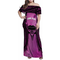 Personalised Moko Kauae New Zealand Family Matching Off Shoulder Maxi Dress and Hawaiian Shirt Maori Chin Tattoo Pink - Polynesian Pride