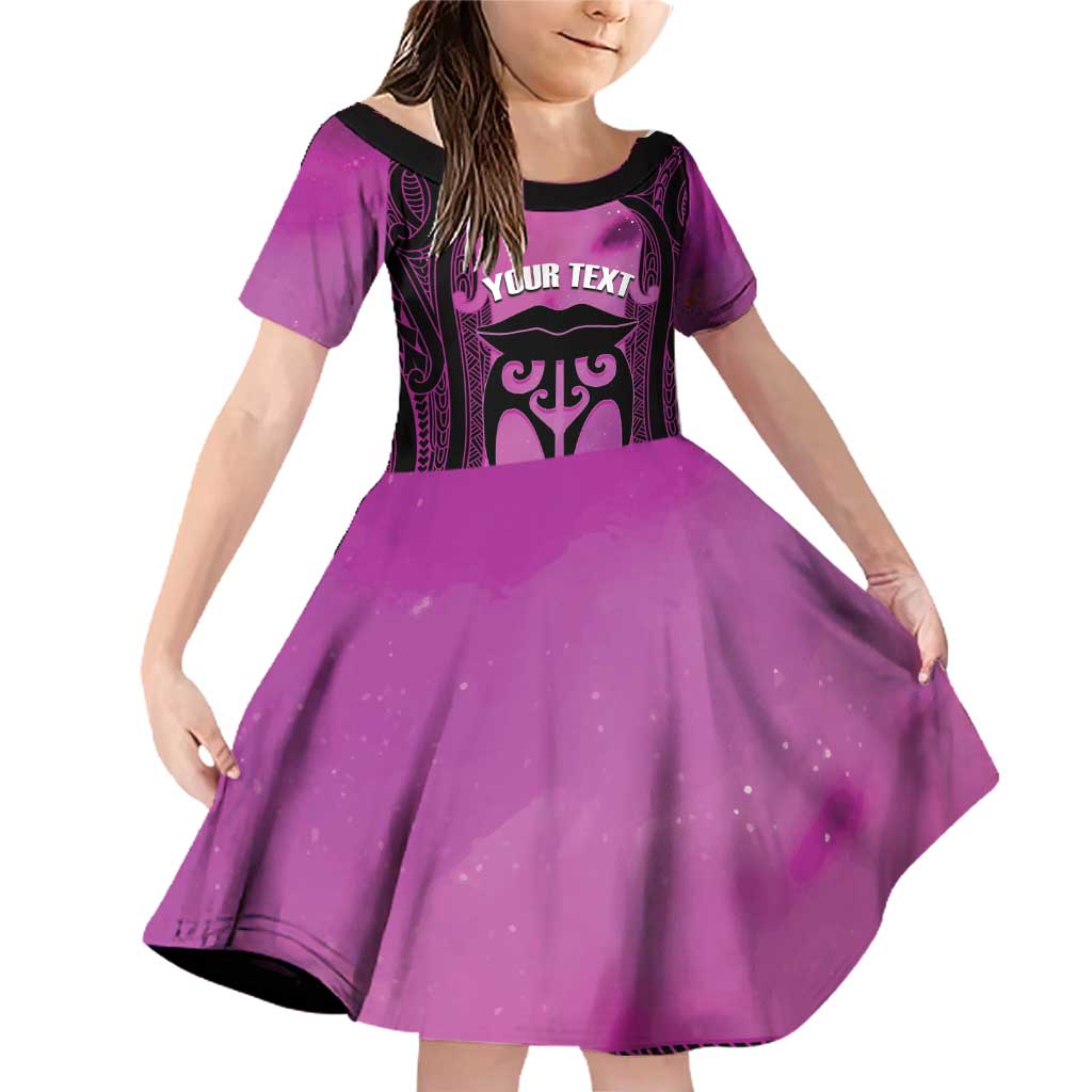 Personalised Moko Kauae New Zealand Family Matching Off Shoulder Short Dress and Hawaiian Shirt Maori Chin Tattoo Pink LT14 Daughter's Dress Pink - Polynesian Pride