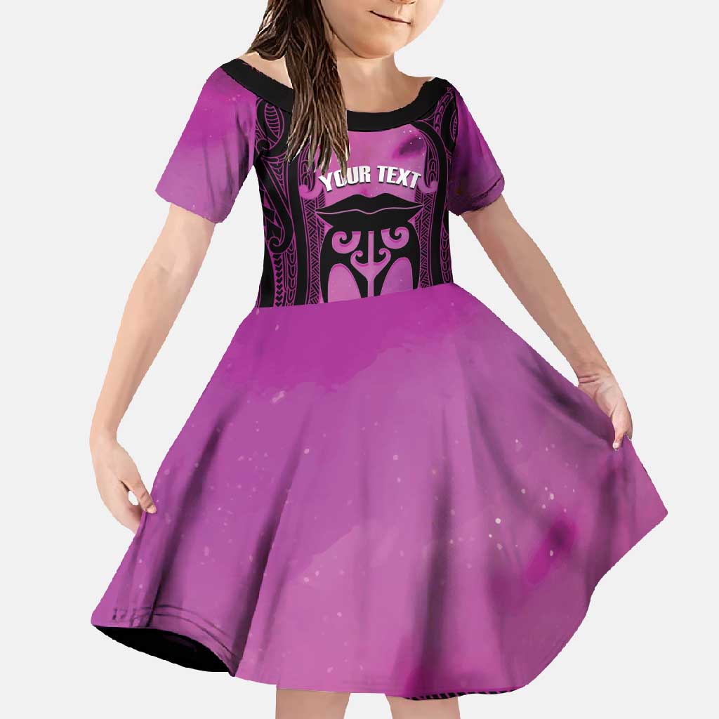 Personalised Moko Kauae New Zealand Family Matching Short Sleeve Bodycon Dress and Hawaiian Shirt Maori Chin Tattoo Pink LT14 Daughter's Dress Pink - Polynesian Pride