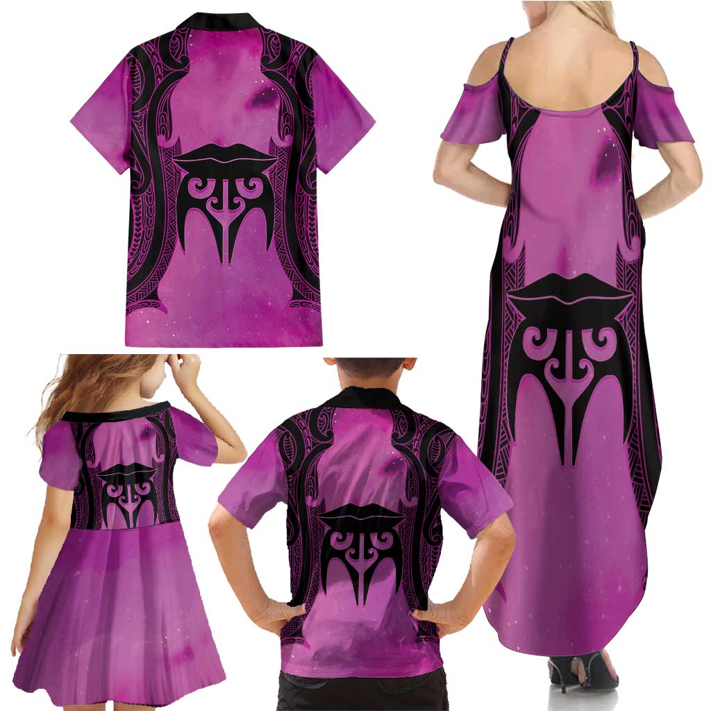 Personalised Moko Kauae New Zealand Family Matching Summer Maxi Dress and Hawaiian Shirt Maori Chin Tattoo Pink LT14 - Polynesian Pride