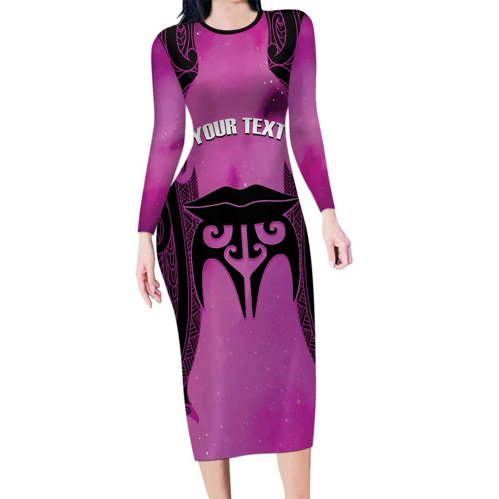 Personalised Moko Kauae New Zealand Long Sleeve Bodycon Dress Maori Chin Tattoo Pink - Polynesian Pride