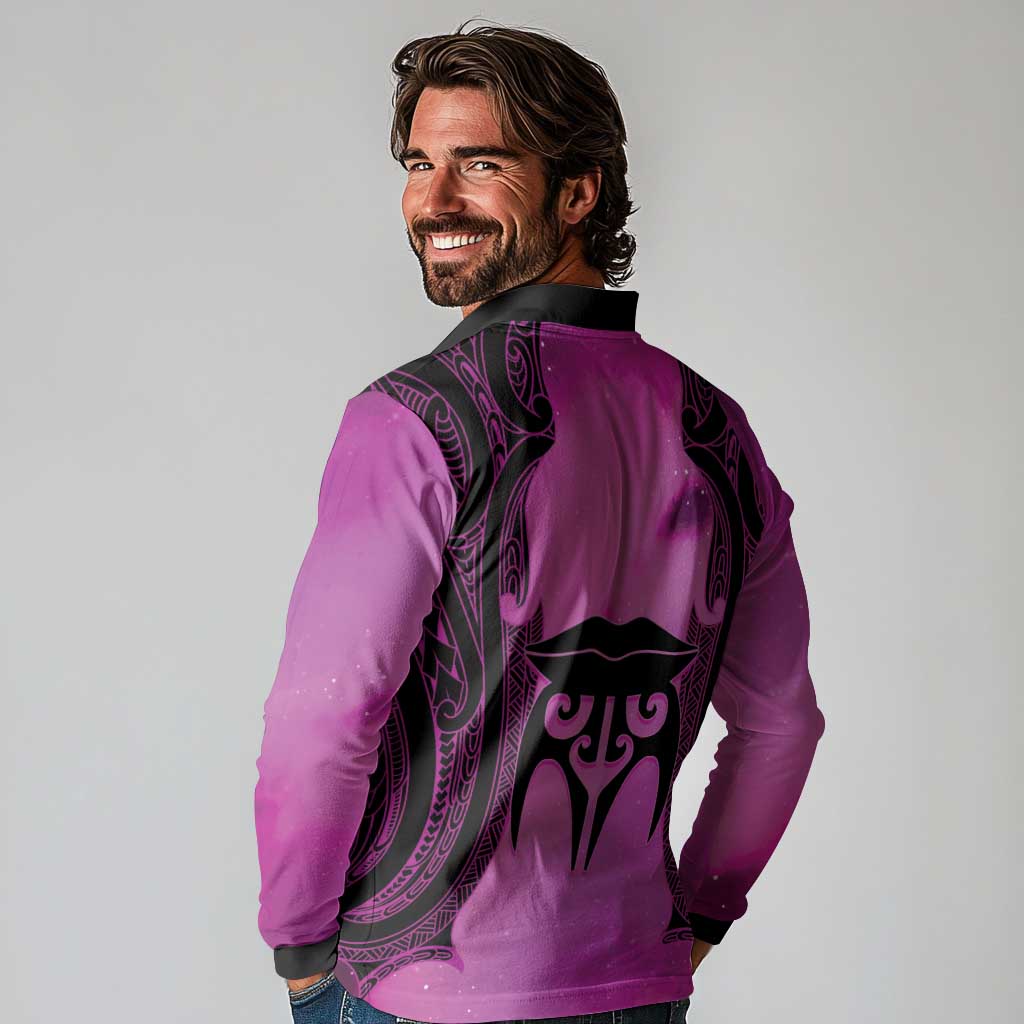 Personalised Moko Kauae New Zealand Long Sleeve Polo Shirt Maori Chin Tattoo Pink - Polynesian Pride
