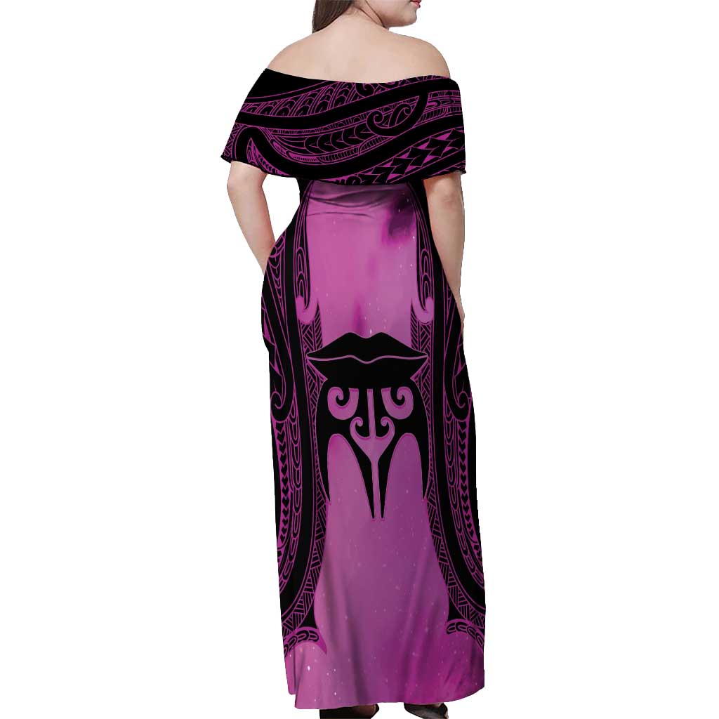 Personalised Moko Kauae New Zealand Off Shoulder Maxi Dress Maori Chin Tattoo Pink - Polynesian Pride