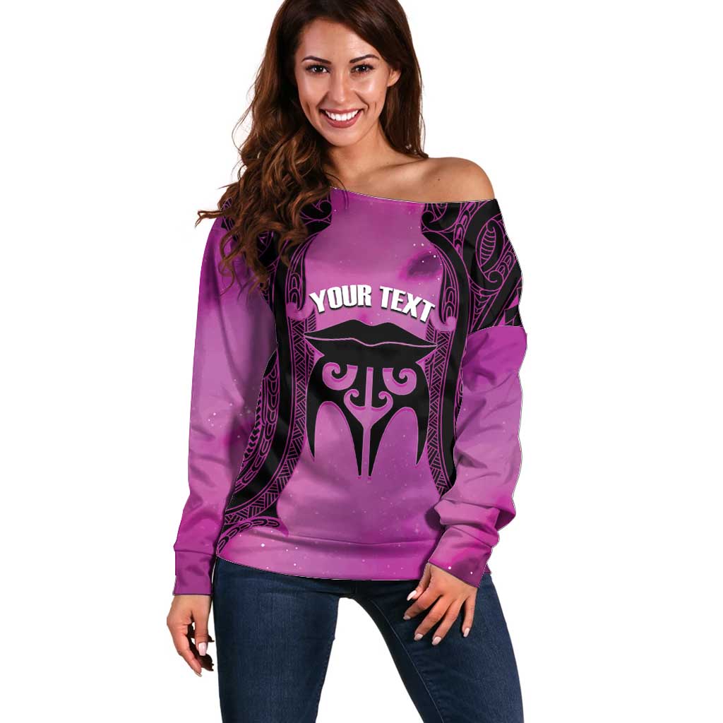 Personalised Moko Kauae New Zealand Off Shoulder Sweater Maori Chin Tattoo Pink - Polynesian Pride