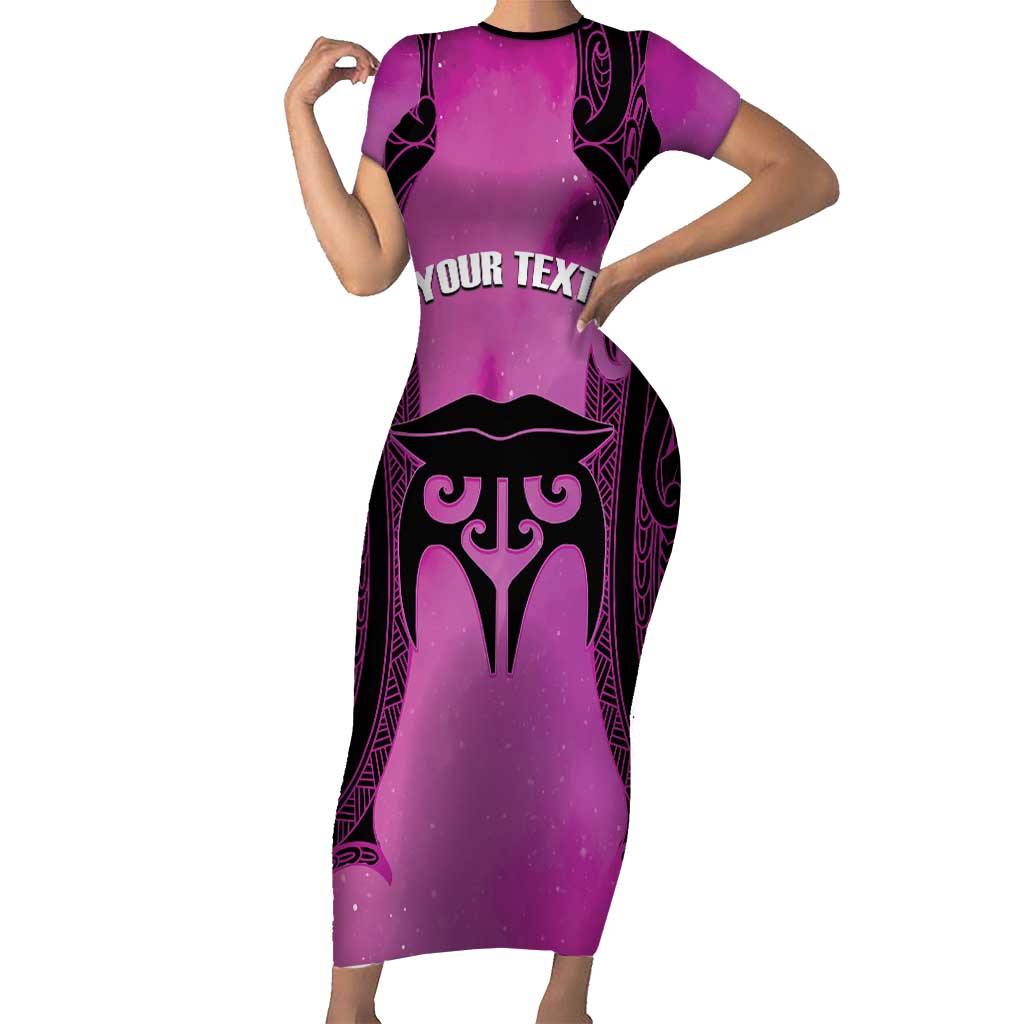 Personalised Moko Kauae New Zealand Short Sleeve Bodycon Dress Maori Chin Tattoo Pink - Polynesian Pride
