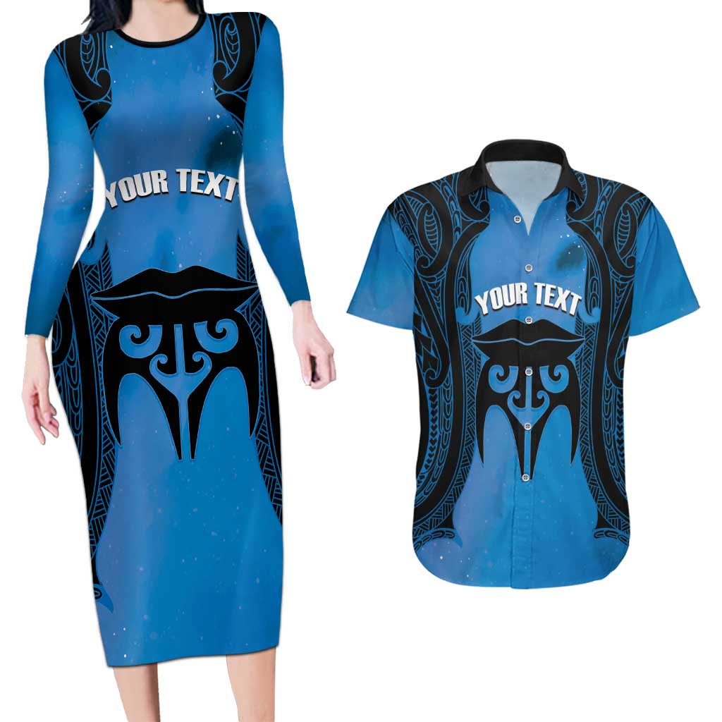Personalised Moko Kauae New Zealand Couples Matching Long Sleeve Bodycon Dress and Hawaiian Shirt Maori Chin Tattoo Blue - Polynesian Pride