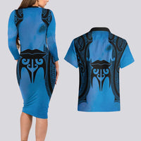 Personalised Moko Kauae New Zealand Couples Matching Long Sleeve Bodycon Dress and Hawaiian Shirt Maori Chin Tattoo Blue LT14 - Polynesian Pride