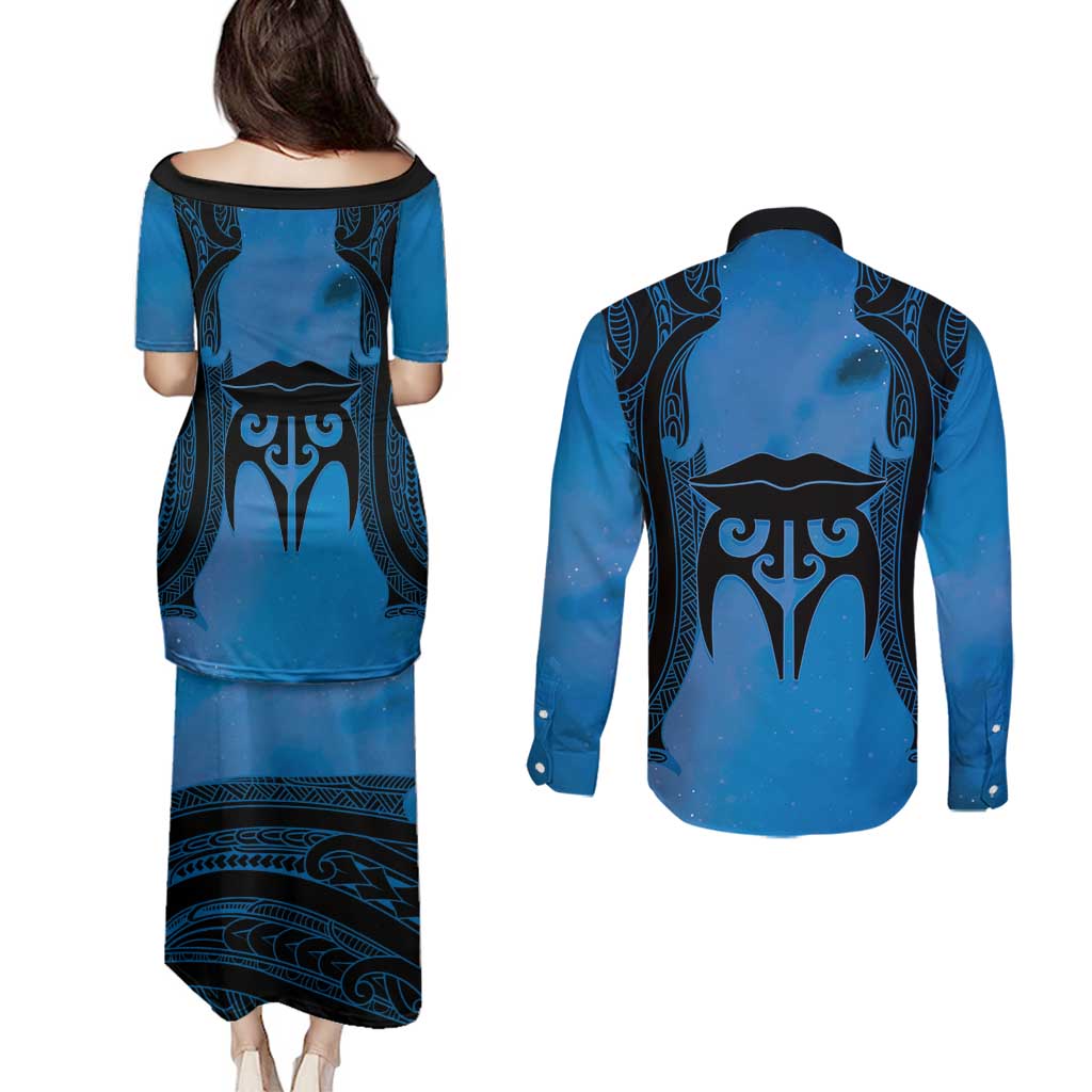 Personalised Moko Kauae New Zealand Couples Matching Puletasi and Long Sleeve Button Shirt Maori Chin Tattoo Blue - Polynesian Pride