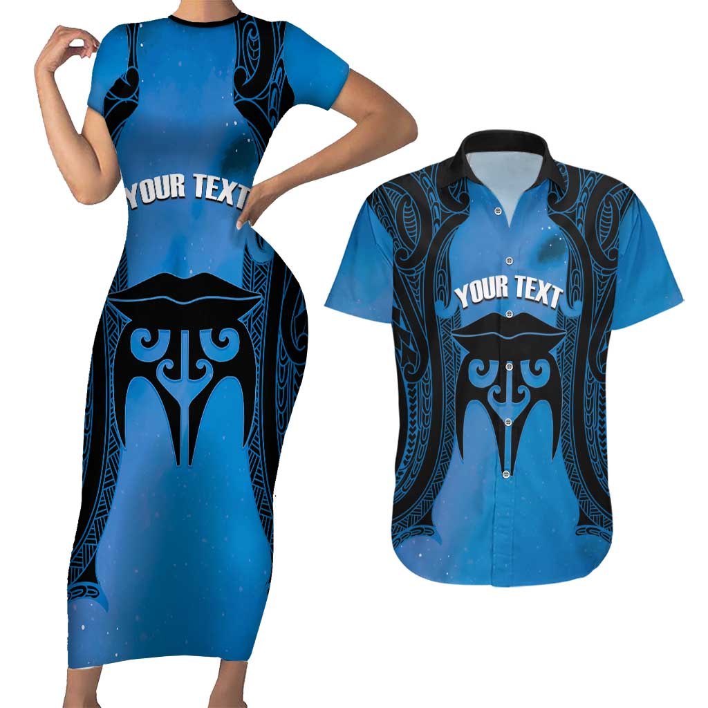 Personalised Moko Kauae New Zealand Couples Matching Short Sleeve Bodycon Dress and Hawaiian Shirt Maori Chin Tattoo Blue LT14 Blue - Polynesian Pride