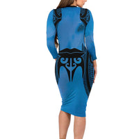 Personalised Moko Kauae New Zealand Family Matching Long Sleeve Bodycon Dress and Hawaiian Shirt Maori Chin Tattoo Blue LT14 - Polynesian Pride