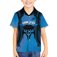 Personalised Moko Kauae New Zealand Family Matching Long Sleeve Bodycon Dress and Hawaiian Shirt Maori Chin Tattoo Blue LT14 Son's Shirt Blue - Polynesian Pride