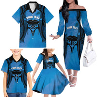 Personalised Moko Kauae New Zealand Family Matching Off The Shoulder Long Sleeve Dress and Hawaiian Shirt Maori Chin Tattoo Blue - Polynesian Pride