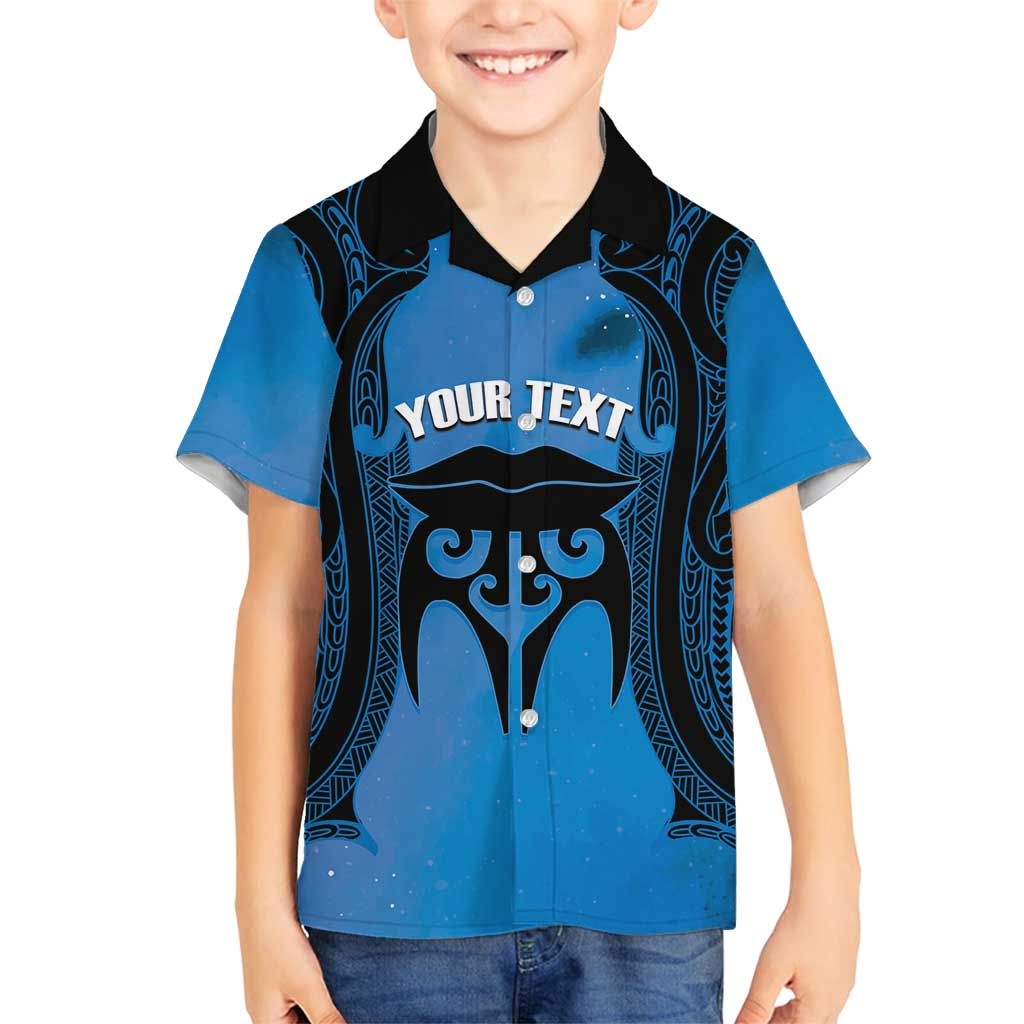 Personalised Moko Kauae New Zealand Family Matching Off Shoulder Short Dress and Hawaiian Shirt Maori Chin Tattoo Blue - Polynesian Pride