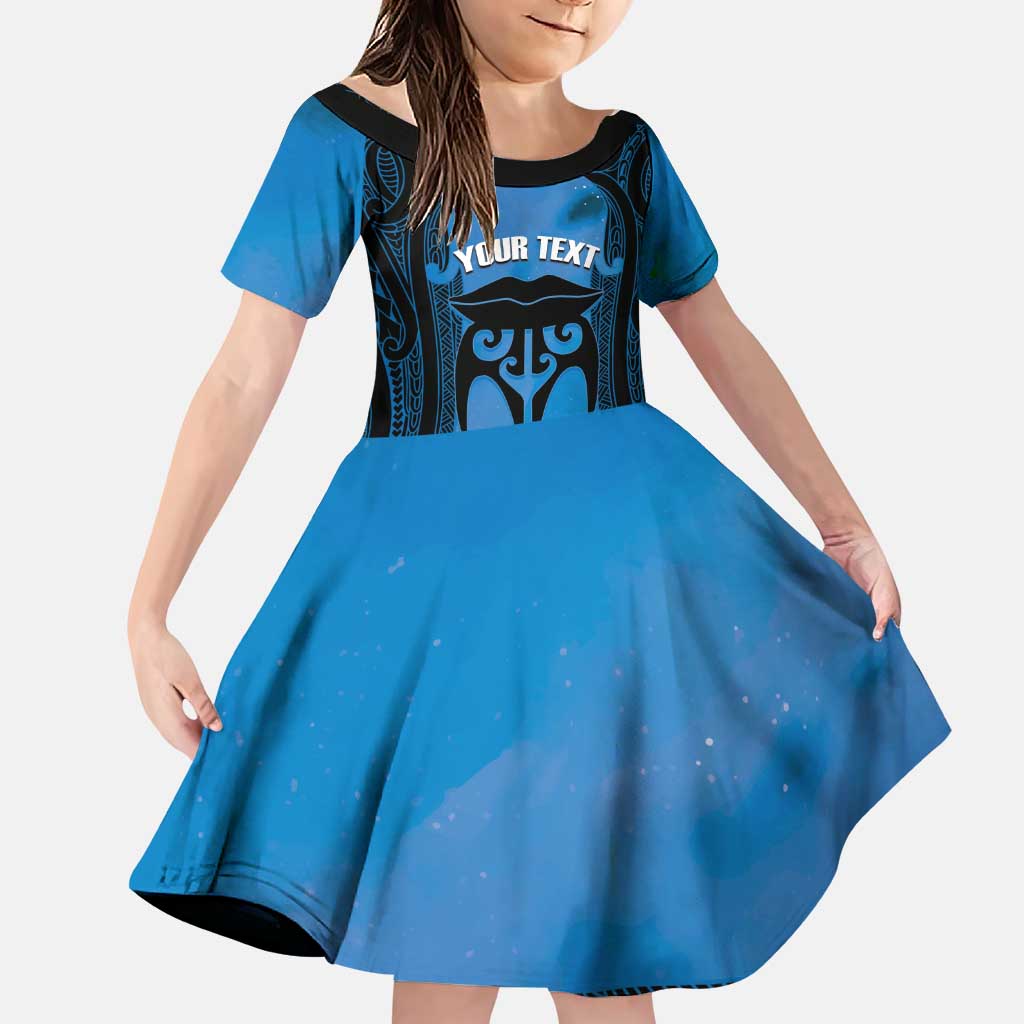 Personalised Moko Kauae New Zealand Family Matching Puletasi and Hawaiian Shirt Maori Chin Tattoo Blue LT14 Daughter's Dress Blue - Polynesian Pride