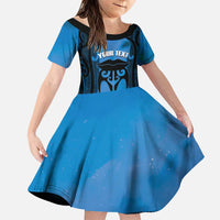 Personalised Moko Kauae New Zealand Family Matching Puletasi and Hawaiian Shirt Maori Chin Tattoo Blue LT14 Daughter's Dress Blue - Polynesian Pride