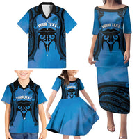 Personalised Moko Kauae New Zealand Family Matching Puletasi and Hawaiian Shirt Maori Chin Tattoo Blue LT14 - Polynesian Pride