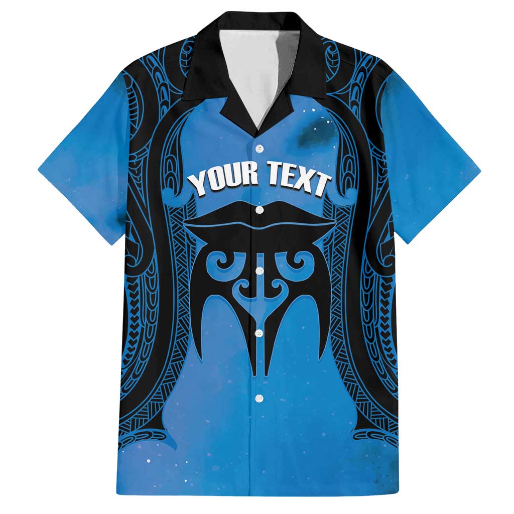 Personalised Moko Kauae New Zealand Family Matching Puletasi and Hawaiian Shirt Maori Chin Tattoo Blue LT14 Dad's Shirt - Short Sleeve Blue - Polynesian Pride