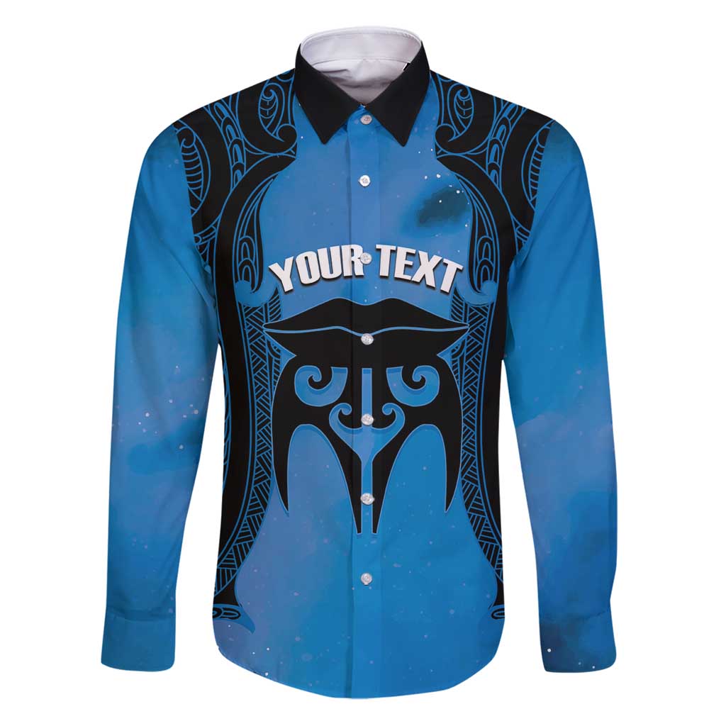 Personalised Moko Kauae New Zealand Family Matching Puletasi and Hawaiian Shirt Maori Chin Tattoo Blue LT14 Dad's Shirt - Long Sleeve Blue - Polynesian Pride
