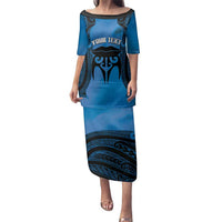 Personalised Moko Kauae New Zealand Family Matching Puletasi and Hawaiian Shirt Maori Chin Tattoo Blue LT14 Mom's Dress Blue - Polynesian Pride