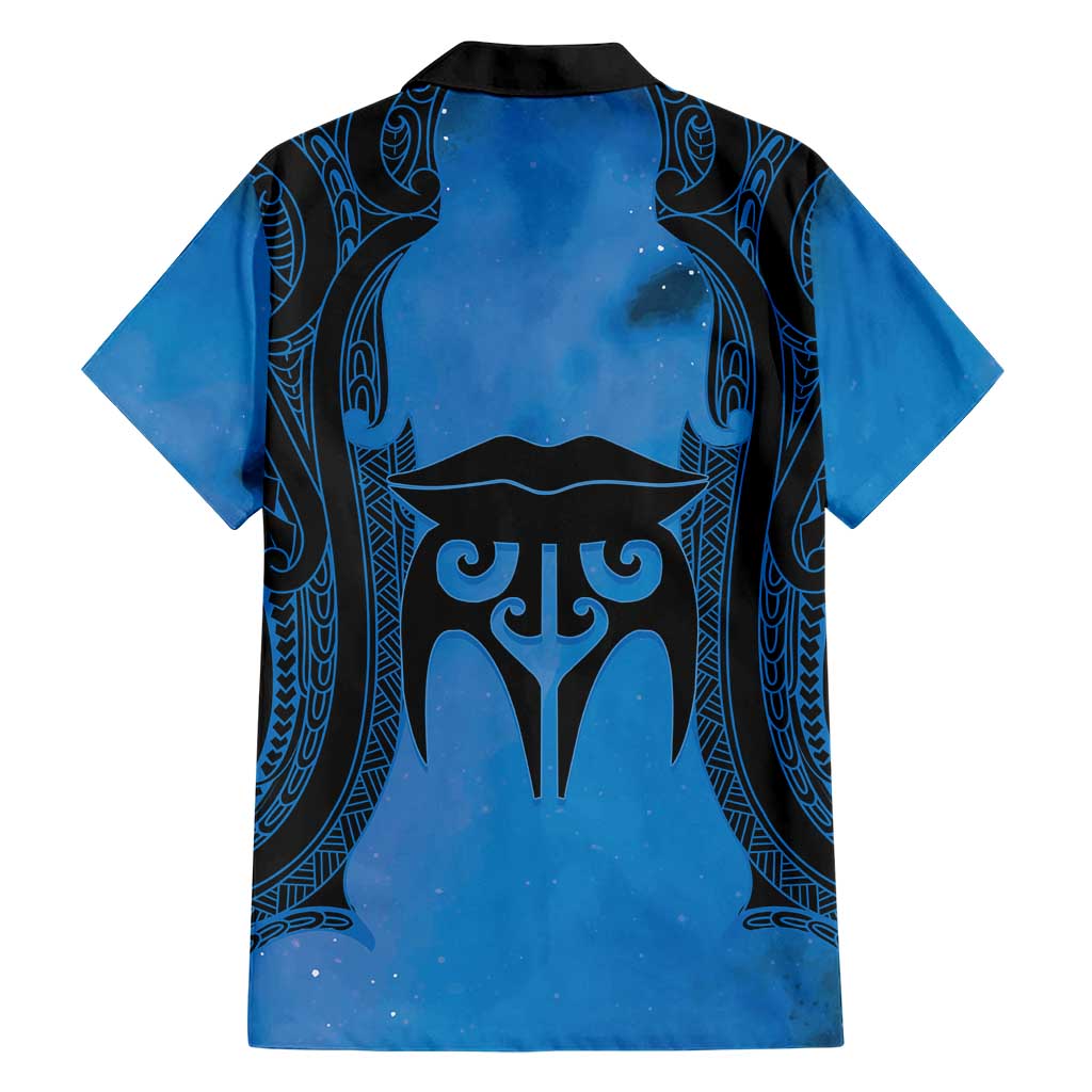 Personalised Moko Kauae New Zealand Family Matching Short Sleeve Bodycon Dress and Hawaiian Shirt Maori Chin Tattoo Blue LT14 - Polynesian Pride