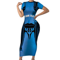 Personalised Moko Kauae New Zealand Family Matching Short Sleeve Bodycon Dress and Hawaiian Shirt Maori Chin Tattoo Blue LT14 Mom's Dress Blue - Polynesian Pride