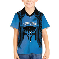 Personalised Moko Kauae New Zealand Family Matching Short Sleeve Bodycon Dress and Hawaiian Shirt Maori Chin Tattoo Blue LT14 Son's Shirt Blue - Polynesian Pride