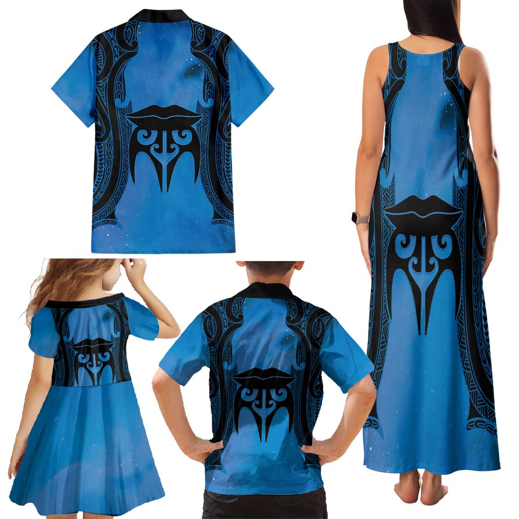 Personalised Moko Kauae New Zealand Family Matching Tank Maxi Dress and Hawaiian Shirt Maori Chin Tattoo Blue LT14 - Polynesian Pride