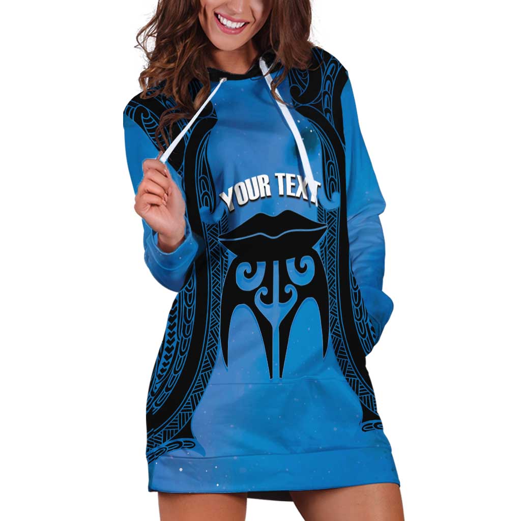 Personalised Moko Kauae New Zealand Hoodie Dress Maori Chin Tattoo Blue - Polynesian Pride