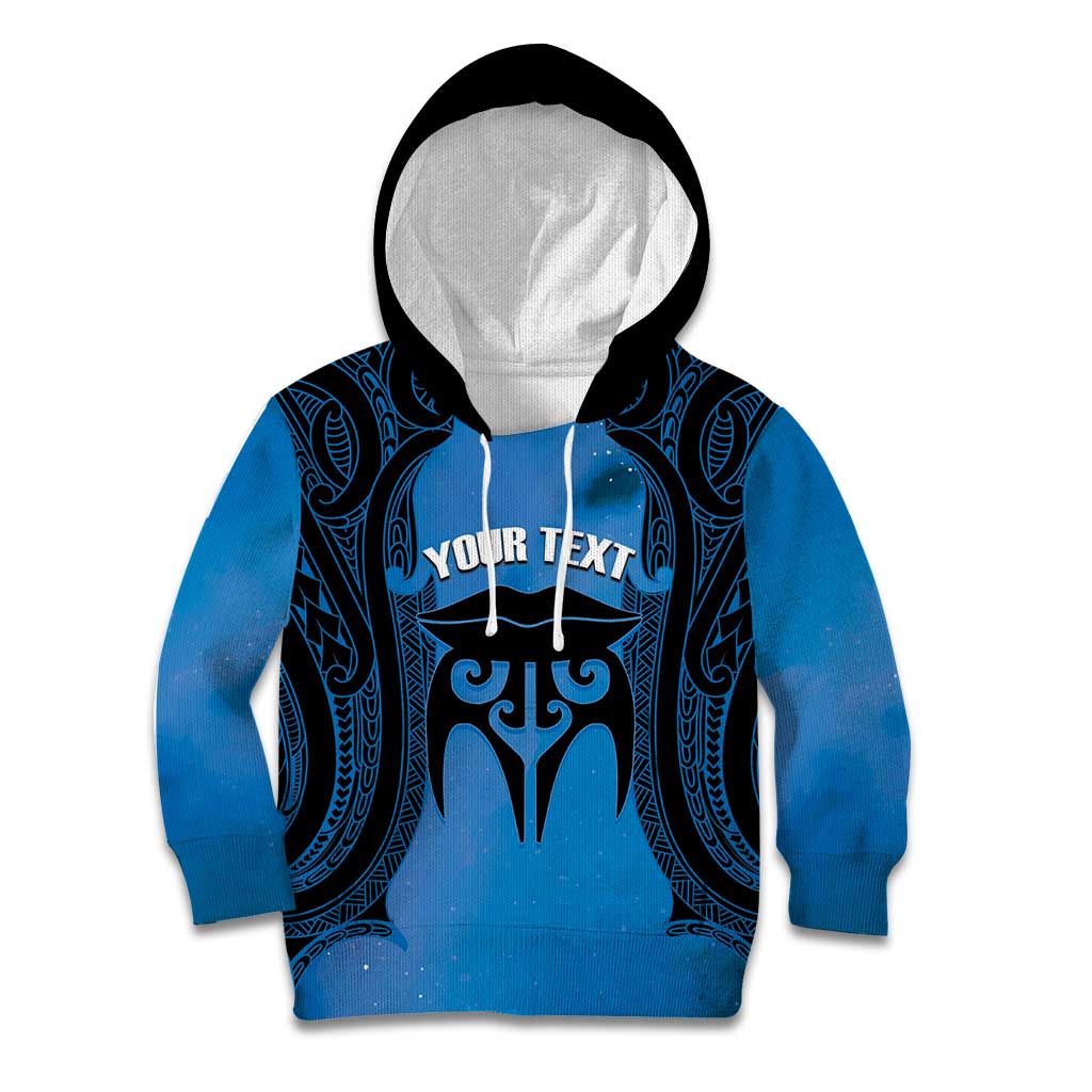 Personalised Moko Kauae New Zealand Kid Hoodie Maori Chin Tattoo Blue - Polynesian Pride