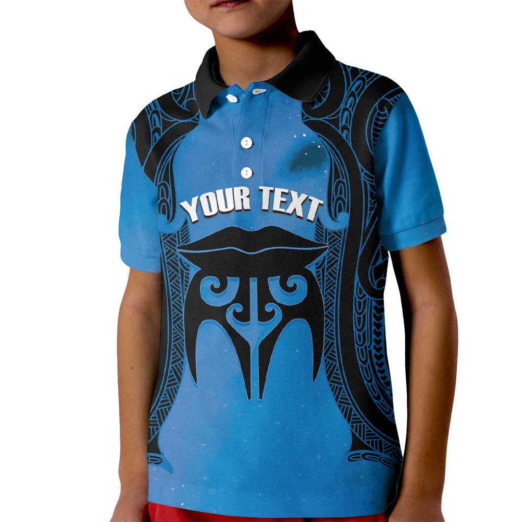 Personalised Moko Kauae New Zealand Kid Polo Shirt Maori Chin Tattoo Blue LT14 Kid Blue - Polynesian Pride