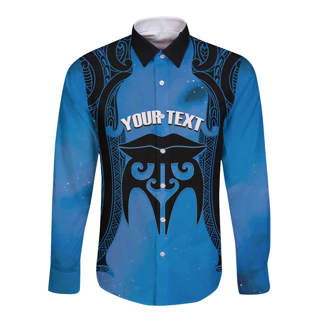Personalised Moko Kauae New Zealand Long Sleeve Button Shirt Maori Chin Tattoo Blue LT14 Unisex Blue - Polynesian Pride