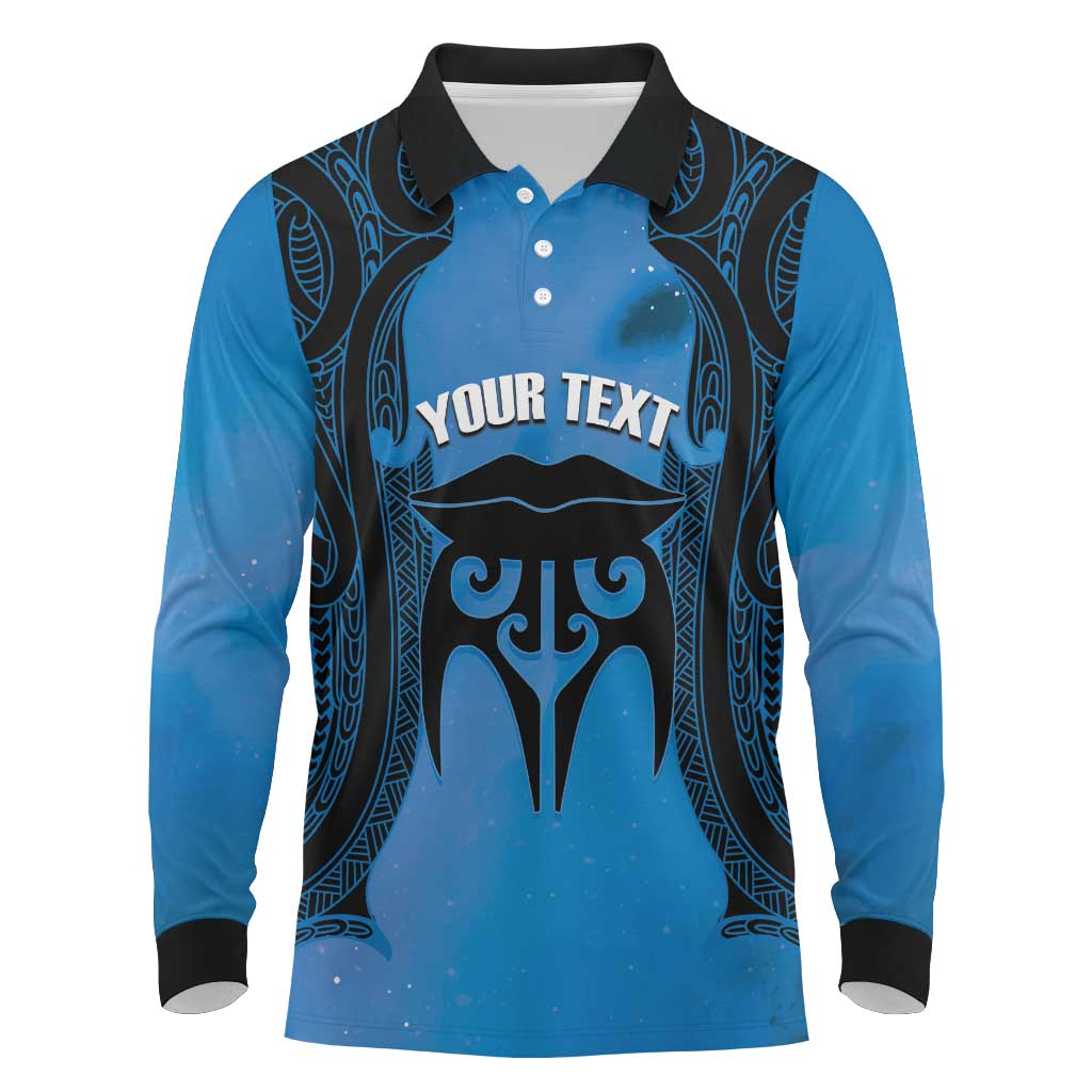 Personalised Moko Kauae New Zealand Long Sleeve Polo Shirt Maori Chin Tattoo Blue - Polynesian Pride