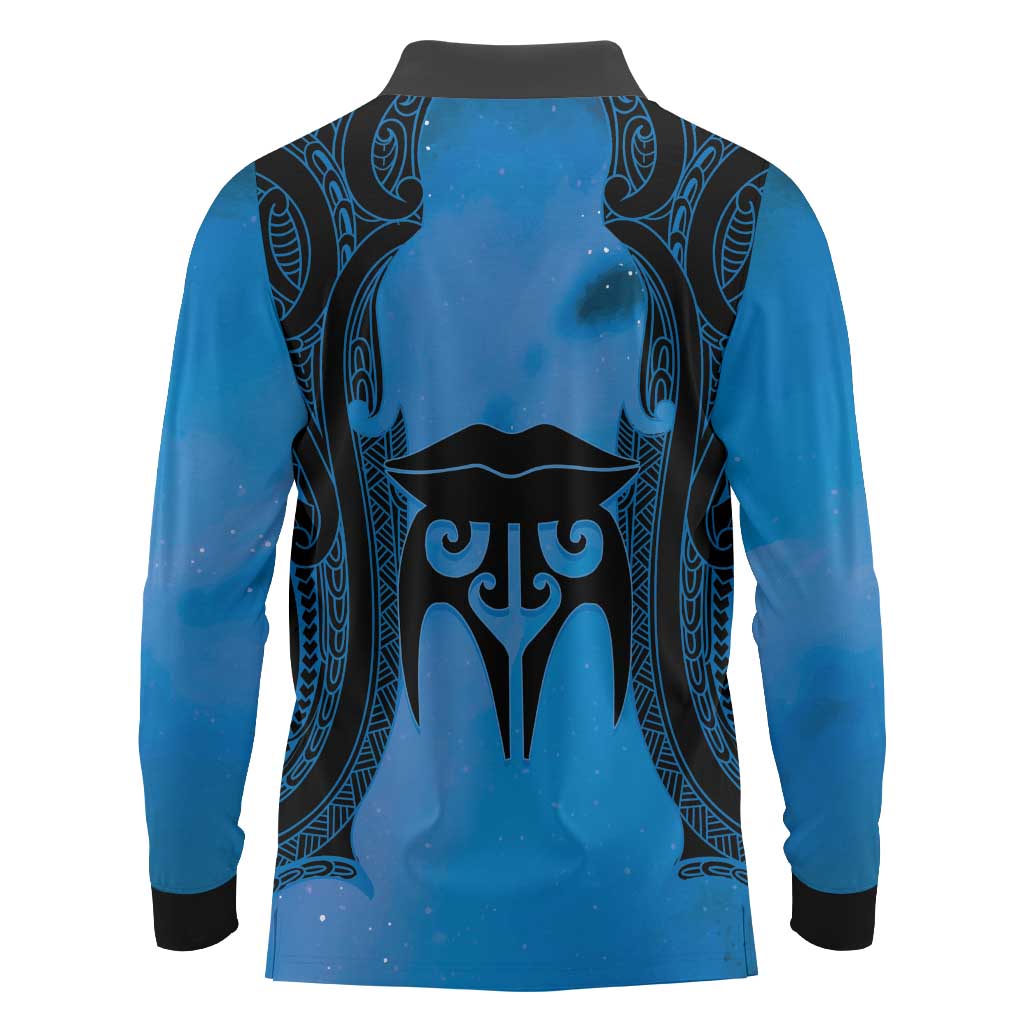 Personalised Moko Kauae New Zealand Long Sleeve Polo Shirt Maori Chin Tattoo Blue - Polynesian Pride