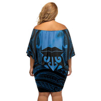 Personalised Moko Kauae New Zealand Off Shoulder Short Dress Maori Chin Tattoo Blue - Polynesian Pride