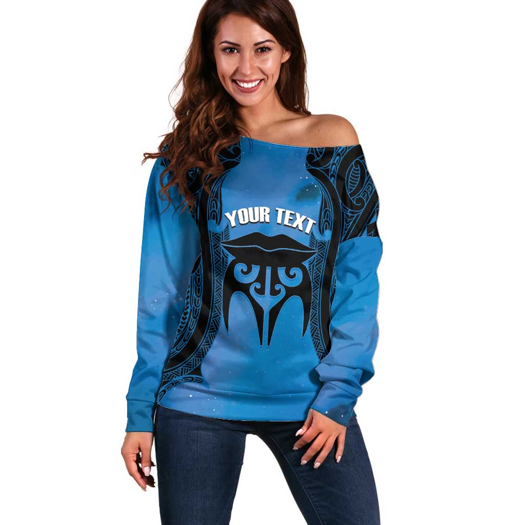Personalised Moko Kauae New Zealand Off Shoulder Sweater Maori Chin Tattoo Blue - Polynesian Pride