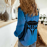 Personalised Moko Kauae New Zealand Women Casual Shirt Maori Chin Tattoo Blue LT14 - Polynesian Pride