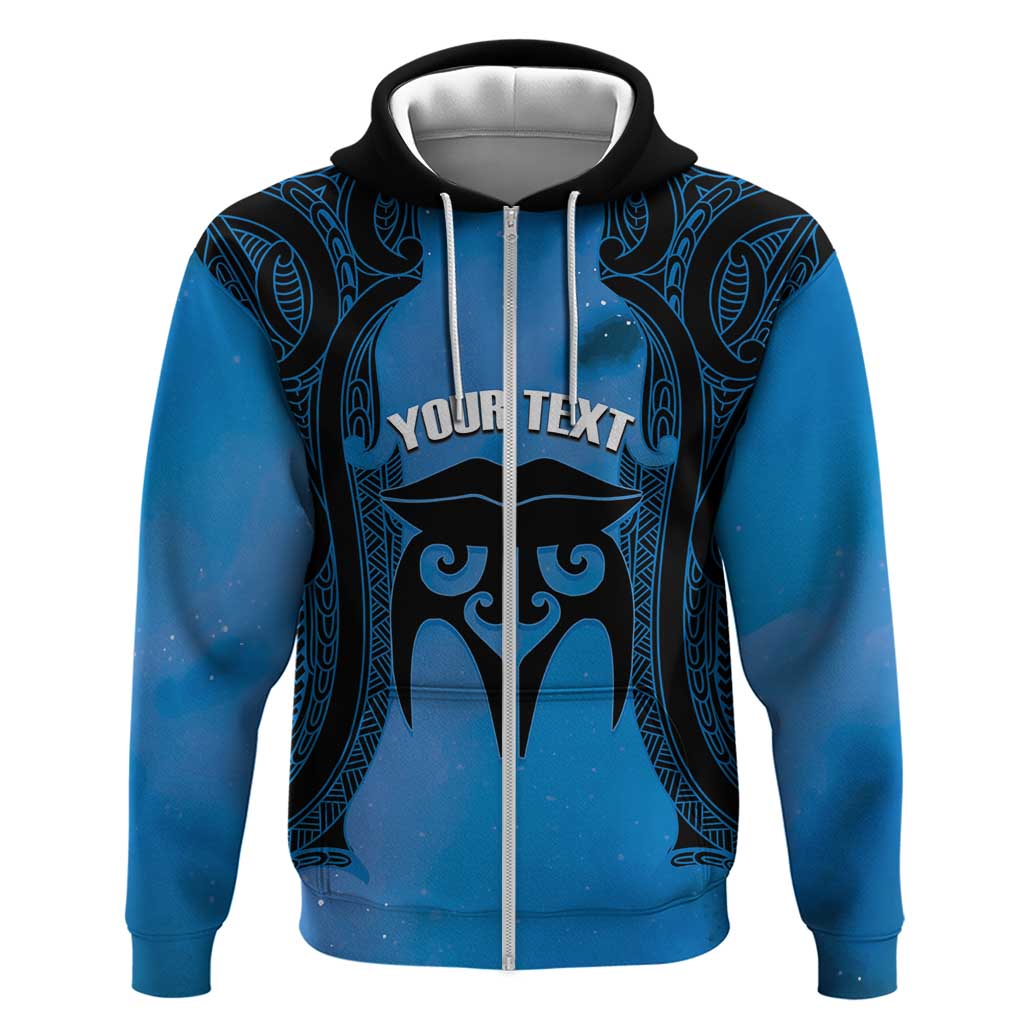 Personalised Moko Kauae New Zealand Zip Hoodie Maori Chin Tattoo Blue - Polynesian Pride