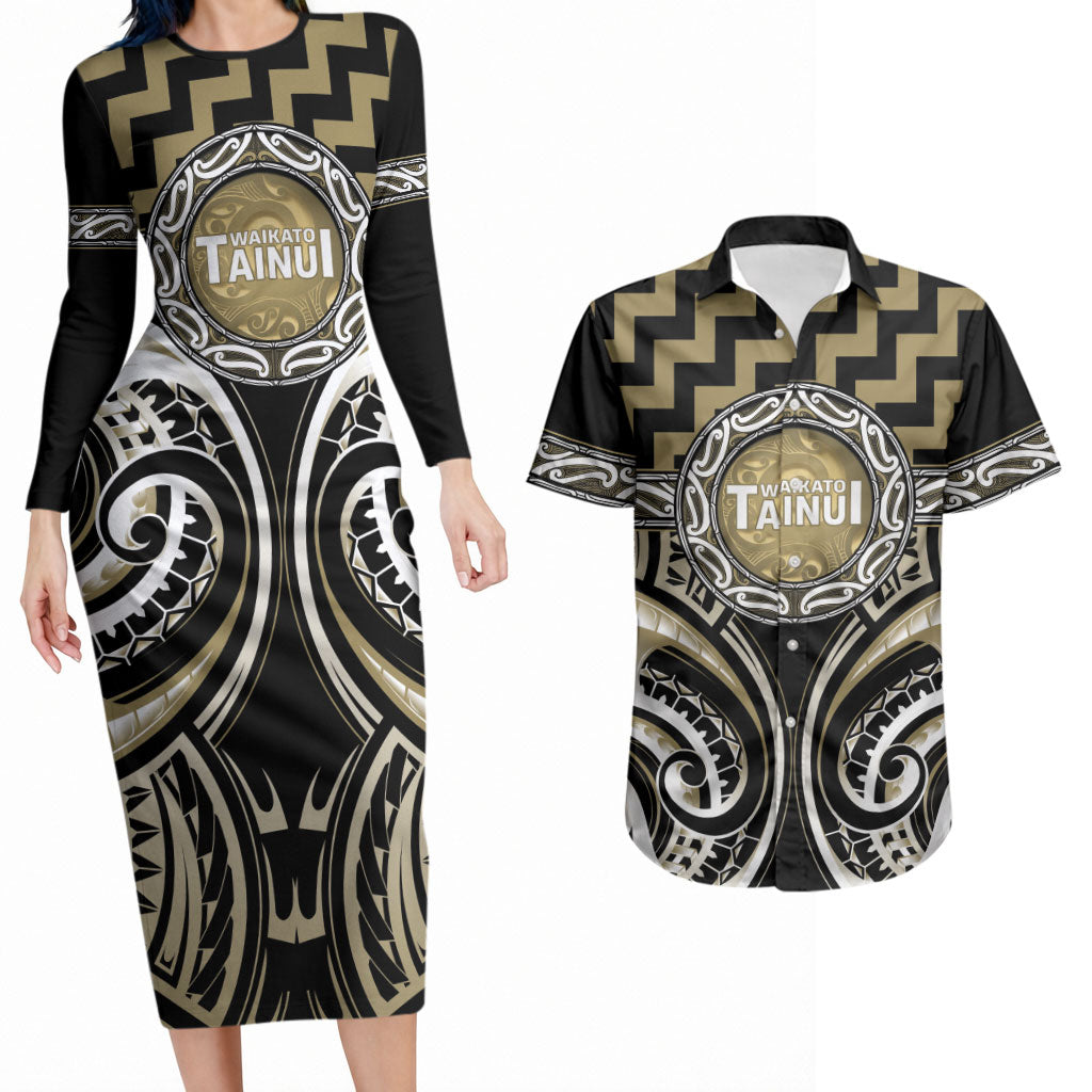 Aotearoa Waikato Tainui Personalised Couples Matching Long Sleeve Bodycon Dress and Hawaiian Shirt Maori Iwi Poutama Puhoro Tattoo LT14 Old Yellow - Polynesian Pride